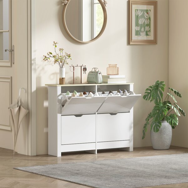 HOMCOM Scarpiera Stretta con 4 Scomparti Ribaltabili per 8–16 Paia di Scarpe, 105x26x80 cm, Bianco e Naturale | Aosom Italy