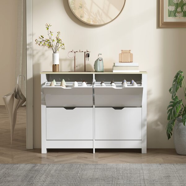 HOMCOM Scarpiera Stretta con 4 Scomparti Ribaltabili per 8–16 Paia di Scarpe, 105x26x80 cm, Bianco e Naturale | Aosom Italy