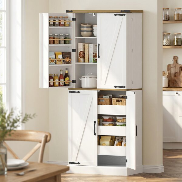 HOMCOM Credenza da Cucina Alta con 4 Porte, 3 Cassetti, 8 Portaspezie e Ripiani Regolabili, 76x40x182 cm, Bianco | Aosom Italy