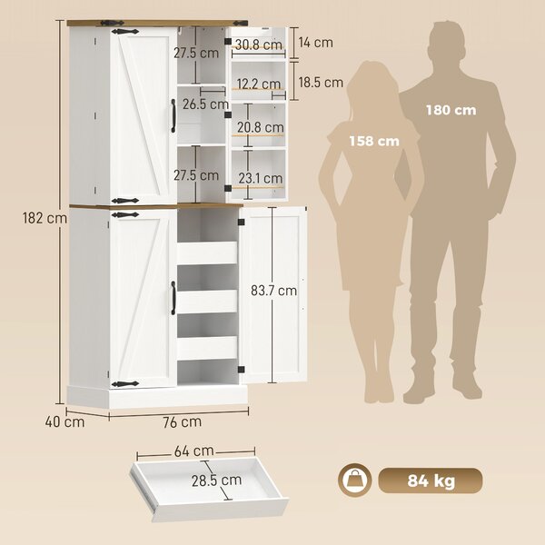 HOMCOM Credenza da Cucina Alta con 4 Porte, 3 Cassetti, 8 Portaspezie e Ripiani Regolabili, 76x40x182 cm, Bianco | Aosom Italy