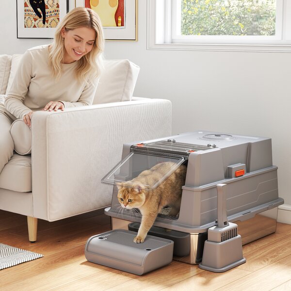 PawHut Lettiera 130L con Coperchio Ribaltabile a 180°, Pareti Laterali Alte, Paletta e Pedana, in Acciaio Inossidabile, 70x50x43 cm, Grigio | Aosom Italy