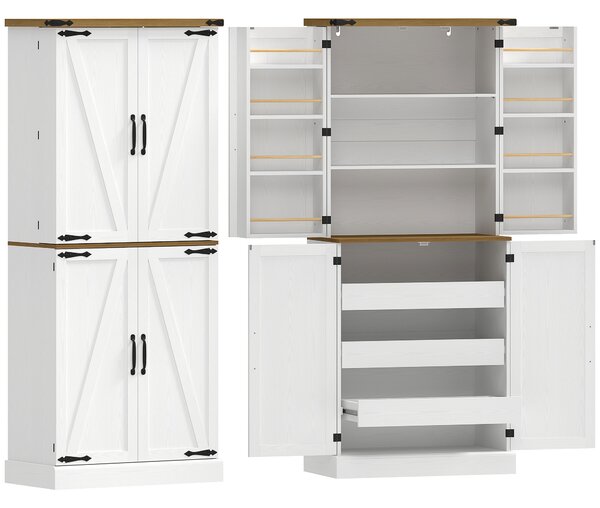 HOMCOM Credenza da Cucina Alta con 4 Porte, 3 Cassetti, 8 Portaspezie e Ripiani Regolabili, 76x40x182 cm, Bianco | Aosom Italy