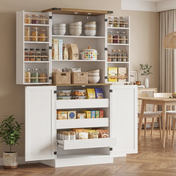 HOMCOM Credenza da Cucina Alta con 4 Porte, 3 Cassetti, 8 Portaspezie e Ripiani Regolabili, 76x40x182 cm, Bianco | Aosom Italy