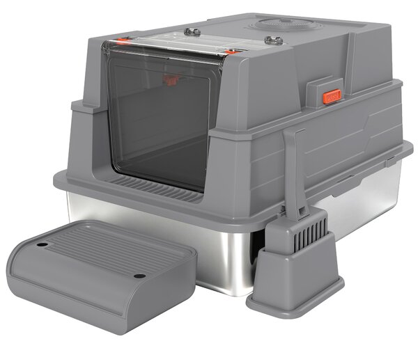 PawHut Lettiera 130L con Coperchio Ribaltabile a 180°, Pareti Laterali Alte, Paletta e Pedana, in Acciaio Inossidabile, 70x50x43 cm, Grigio | Aosom Italy