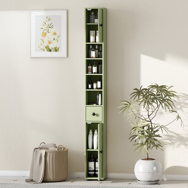 Kleankin Mobile Bagno Stretto con Cassetto e 4 Scomparti Aperti per Piccoli Spazi, 20x20x180 cm, Verde | Aosom Italy