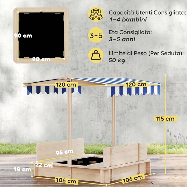 Outsunny Sabbiera per Bambini in Legno con Tettuccio Parasole, Panca e Coperchio, 106x106x121cm Bianco e Blu
