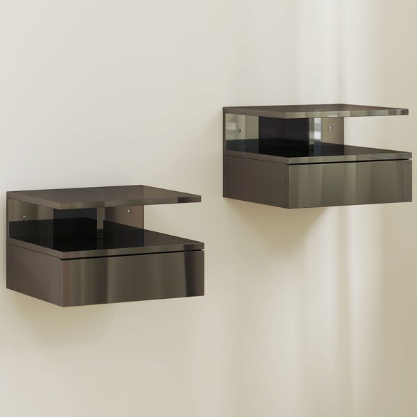 HOMCOM Set da 2 Comodini Moderni Sospesi con Cassetto e Mensola in Legno 35x32x22.5cm, Nero Lucido
