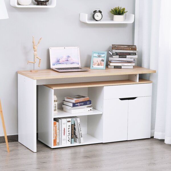 HOMCOM Scrivania Angolare con Libreria a 2 Ripiani, Armadietto e Cassetto, 140x117x76 cm, color Legno e Bianco
