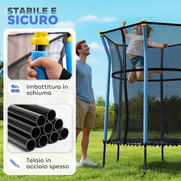 HOMCOM Tappeto Elastico per Bambini con Ingresso a Cerniera e Pali Imbottiti, in Acciaio, PP e EPE, Ø163.5x190 cm, Azzurro