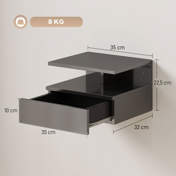 HOMCOM Set da 2 Comodini Moderni Sospesi con Cassetto e Mensola in Legno 35x32x22.5cm, Nero Lucido
