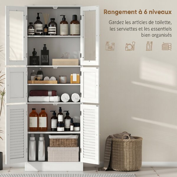 HOMCOM Mobile Bagno con 3 Armadietti a 2 Ante in Vetro e Legno, Ripiani Regolabili, 60x30x170 cm, Bianco | Aosom Italy