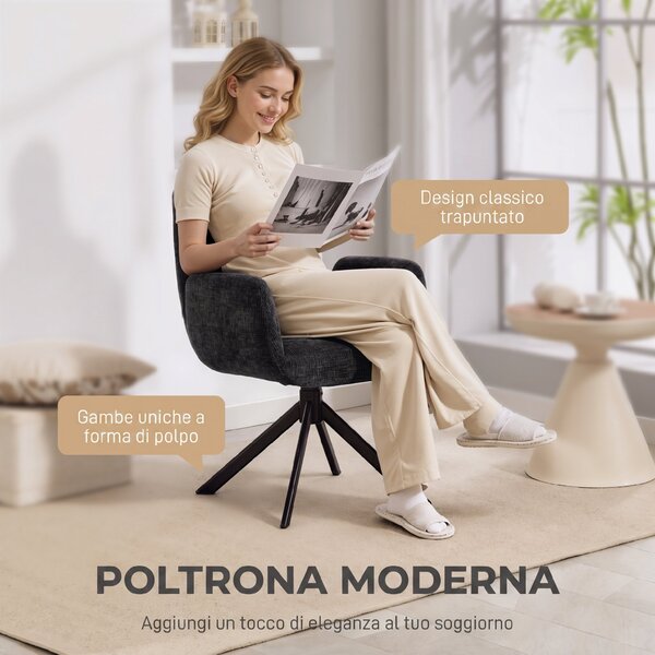 HOMCOM Poltroncina Girevole da Camera da Letto in Tessuto Effetto Lino o con Gambe Angolate in Acciaio, Nero | Aosom Italy