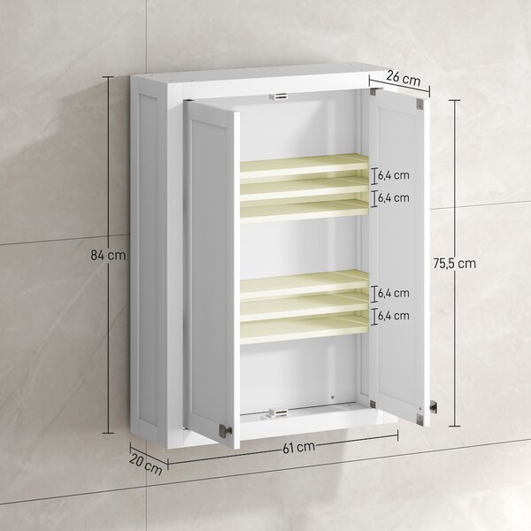 HOMCOM Mobile da Bagno a Parete in Legno con 2 Ripiani Regolabili su 3 Livelli, 61x20x84 cm, Bianco | Aosom Italy