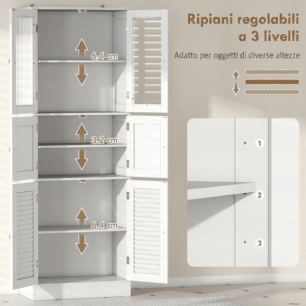HOMCOM Mobile Bagno con 3 Armadietti a 2 Ante in Vetro e Legno, Ripiani Regolabili, 60x30x170 cm, Bianco | Aosom Italy
