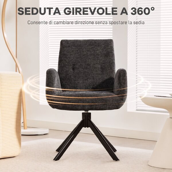 HOMCOM Poltroncina Girevole da Camera da Letto in Tessuto Effetto Lino o con Gambe Angolate in Acciaio, Nero | Aosom Italy