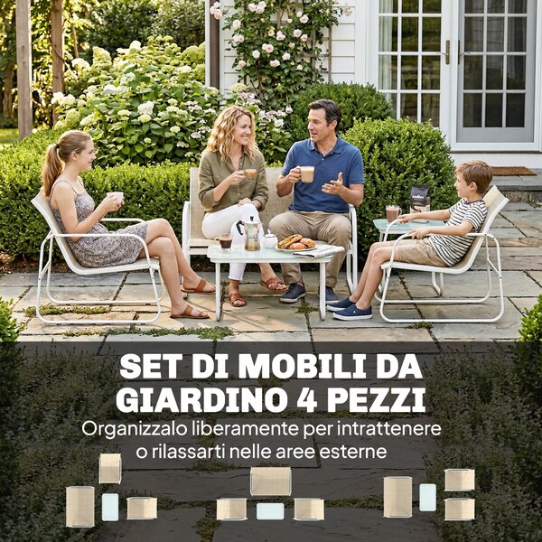 Outsunny Set da Giardino 4 Pezzi con Divano, Poltrone, Tavolino, Khaki e Bianco | Aosom Italy