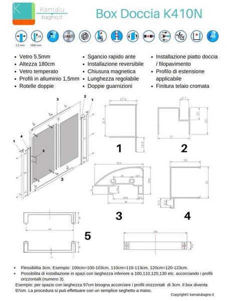 Kamalu box doccia nicchia 110cm vetro serigrafato altezza 180cm k410n