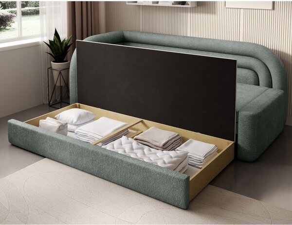 Divano verde allungabile/con contenitore con penisola a sinistra e rivestimento in ciniglia 223 cm Fabillo – ELTAP