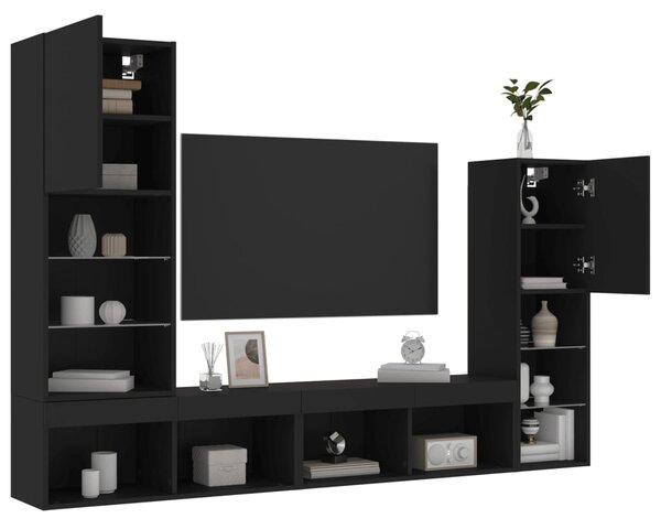 Mobili TV a Muro con LED 4pz Neri in Legno Multistrato