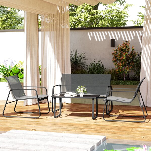 Outsunny Set da Giardino da 4 Pezzi con Tavolino,Panchina e 2 Sedie, Arredamento in Metallo e Texteline, Grigio Chiaro | Aosom Italy