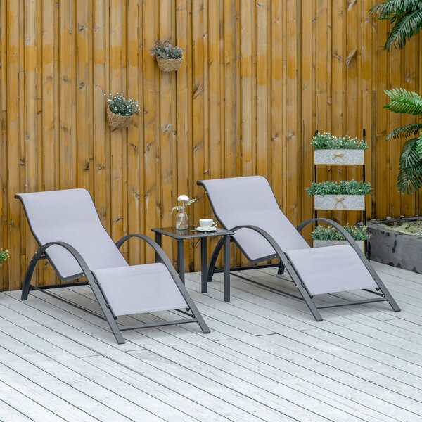 Outsunny Set di 2 Lettini Prendisole e Tavolino con Piano in Vetro, 59x169x66 cm, Grigio Chiaro | Aosom Italy