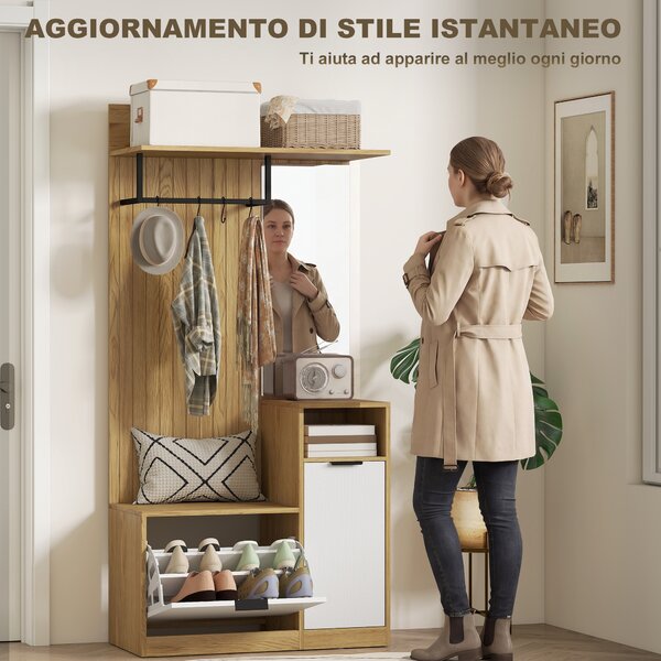 HOMCOM Appendiabiti da Ingresso con Asta, 4 Ganci, Panca con Scarpiera e Armadietto, Rovere e Bianco | Aosom Italy