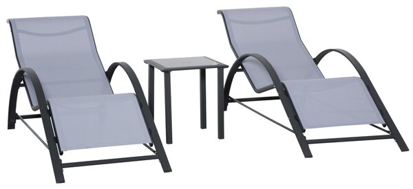 Outsunny Set di 2 Lettini Prendisole e Tavolino con Piano in Vetro, 59x169x66 cm, Grigio Chiaro | Aosom Italy