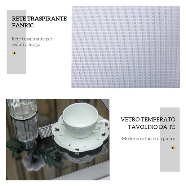 Outsunny Set di 2 Lettini Prendisole e Tavolino con Piano in Vetro, 59x169x66 cm, Grigio Chiaro | Aosom Italy
