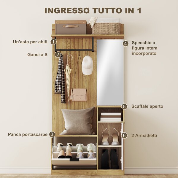 HOMCOM Appendiabiti da Ingresso con Asta, 4 Ganci, Panca con Scarpiera e Armadietto, Rovere e Bianco | Aosom Italy