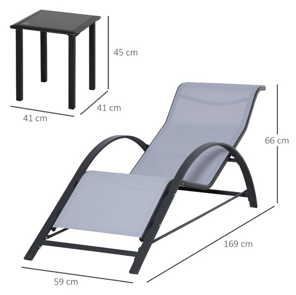 Outsunny Set di 2 Lettini Prendisole e Tavolino con Piano in Vetro, 59x169x66 cm, Grigio Chiaro | Aosom Italy