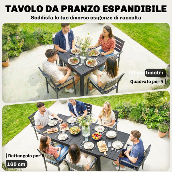 Outsunny Tavolo da Giardino Tavolo da Pranzo Allungabile 80/160x80 cm Nero | Aosom Italy