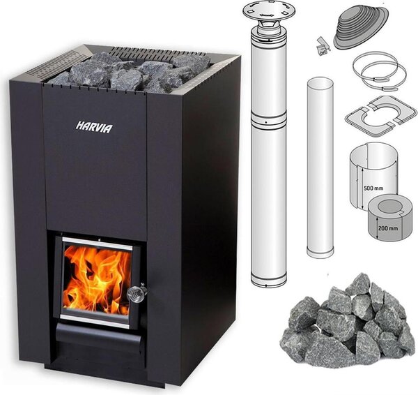 Set completo per stufa a legna Harvia Linear 22 con pietre, tubo e protezione Bimschv