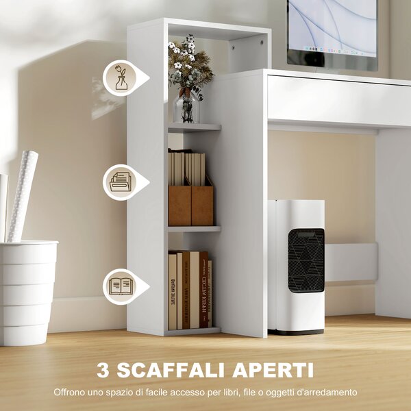 HOMCOM Scrivania PC Moderna con 3 Ripiani Aperti e Cassetto, in Legno Bianco, 100x40x90 cm | Aosom Italy
