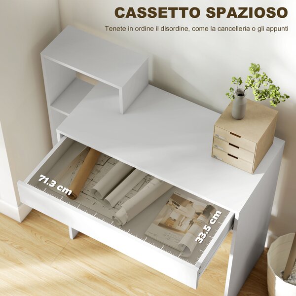 HOMCOM Scrivania PC Moderna con 3 Ripiani Aperti e Cassetto, in Legno Bianco, 100x40x90 cm | Aosom Italy