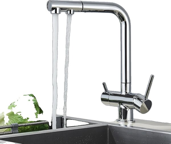 Rubinetto da cucina filtrato, funzionamento a doppia maniglia, struttura in ottone, cromo