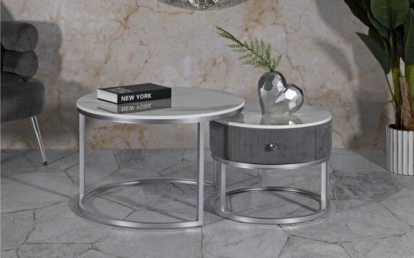 Tavoli da caff� Greys, coppia moderna con struttura in metallo silver e piano effetto marmo dimensioni � 70x48-� 50x43,5 crema e oro