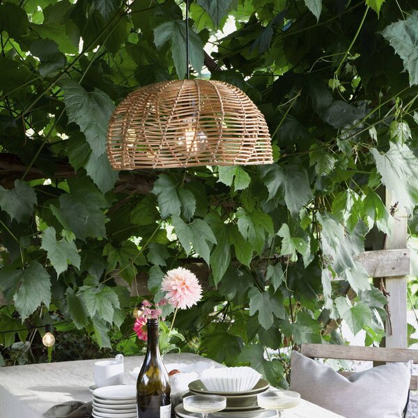 PR Home Lampada a sospensione da esterno Mayla, rattan naturale, Ø 43 cm, spina IP44 Mayla, Legno chiaro, Legno