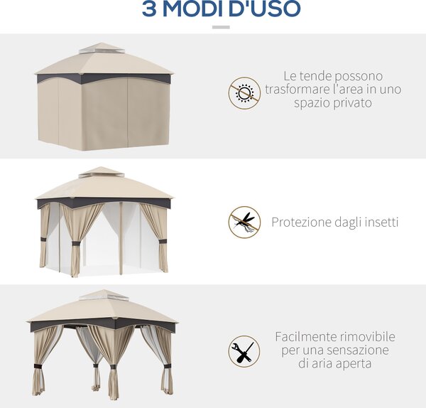 Outsunny Gazebo da Giardino 3x3 m con Doppio Tettuccio e Tende Rimuovibili, Struttura in Acciaio Zincato, Beige e Grigio|Aosom