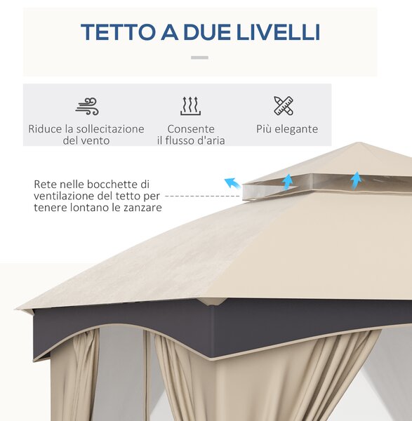 Outsunny Gazebo da Giardino 3x3 m con Doppio Tettuccio e Tende Rimuovibili, Struttura in Acciaio Zincato, Beige e Grigio|Aosom