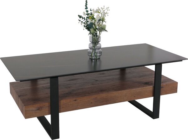 Tavolino da salotto MCW-L88, tavolino da soggiorno, ripiano in ferro 43x120x60 cm, pietra sinterizzata effetto marmo nero, legno marrone scuro