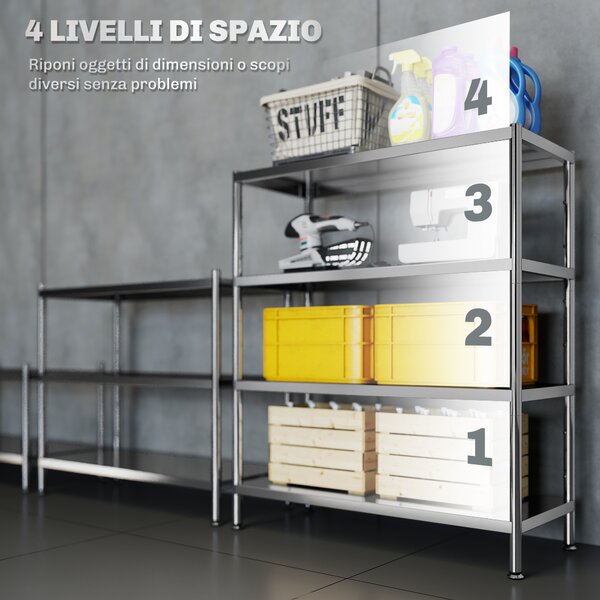 HOMCOM Scaffale da Cucina a 4 Livelli Regolabili su 10 Altezze Diverse, in Acciaio Inox, 91x40x108 cm, Argento | Aosom Italy