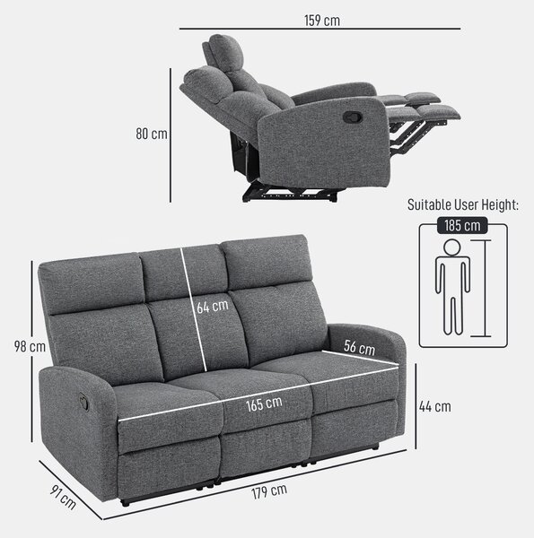 HOMCOM Divano 3 Posti Reclinabile in maniera Indipendente con Rivestimento in Ciniglia Grigia, 179x91x98 cm | Aosom Italy