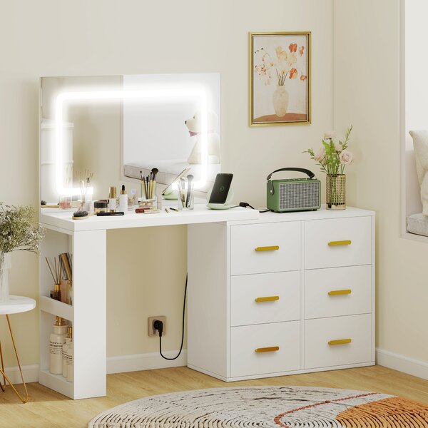 HOMCOM Tavolo da Trucco con specchio a LED regolabile, prese elettriche, 6 cassetti, 2 ripiani aperti, Bianco | Aosom Italy