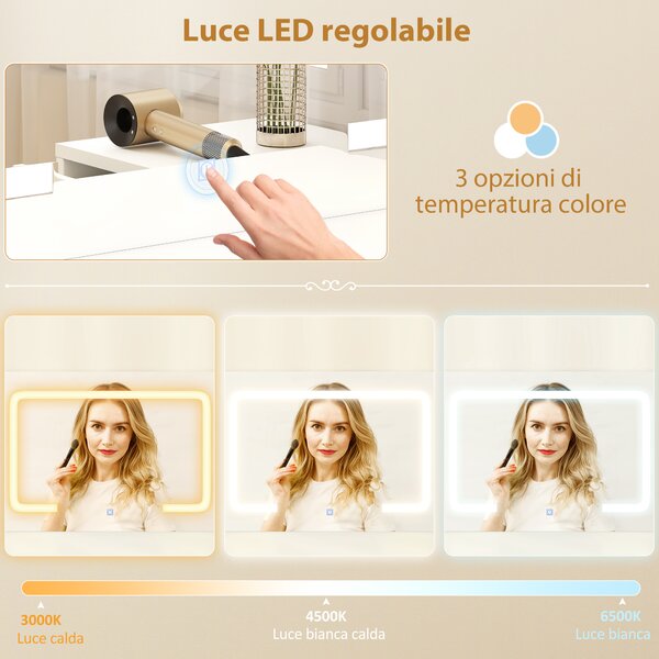 HOMCOM Toeletta da Camera con Specchio e Luci LED Regolabili, 6 Cassetti, 2 Ripiani e Prese Elettriche, Bianco | Aosom Italy