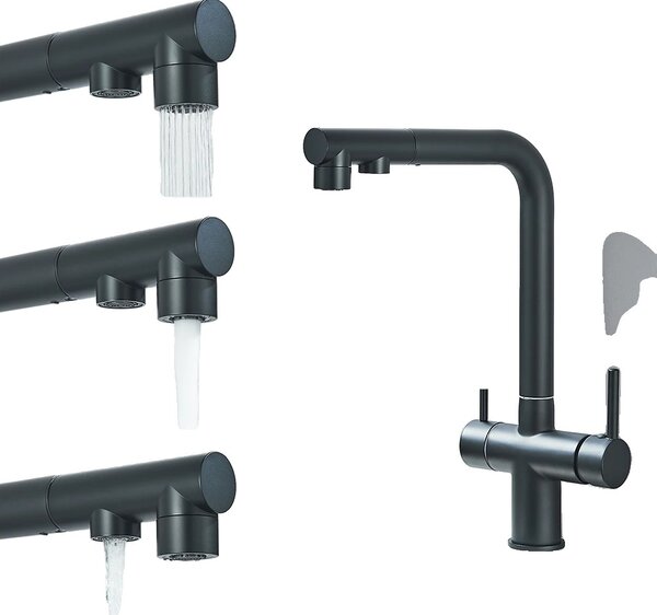Miscelatore da cucina a due fori, selezionabile per acqua calda e fredda, design contemporaneo in ottone, nero opaco