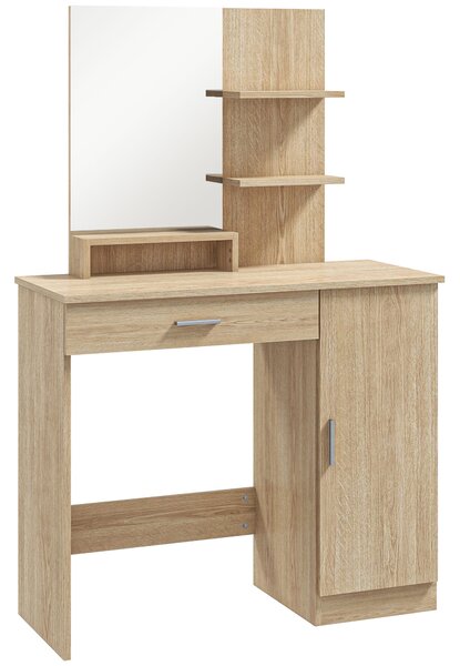 HOMCOM Toeletta da Camera con Armadietto, Cassetto, Specchio per Trucco e Ripiani Aperti, 90x38x138 cm, Acero | Aosom Italy
