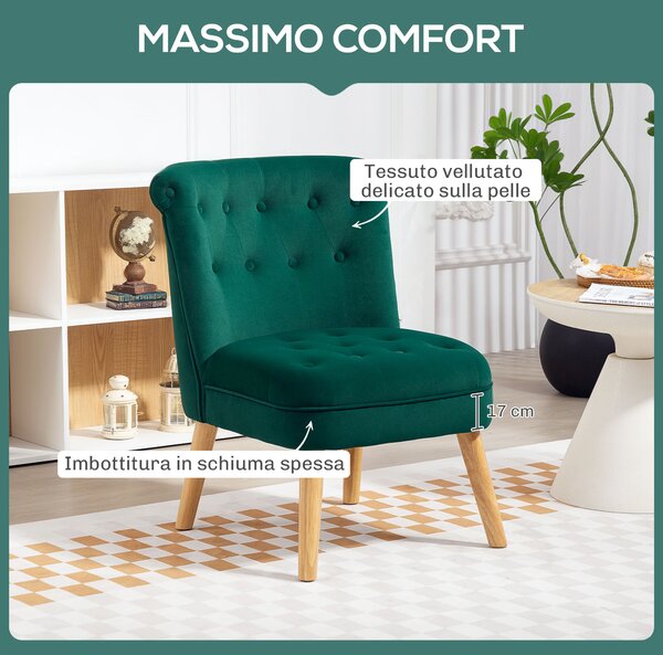 HOMCOM Poltrona per Salotto in Velluto con Seduta Imbottita e Trapuntata a Bottoni, 60x66x79 cm, Verde