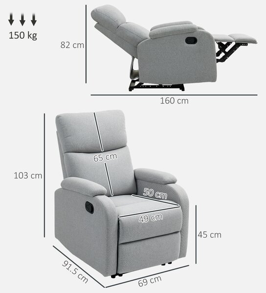 HOMCOM Poltrona Reclinabile Manualmente a 60° Extra Imbottita in Tessuto con Poggiapiedi, Grigio