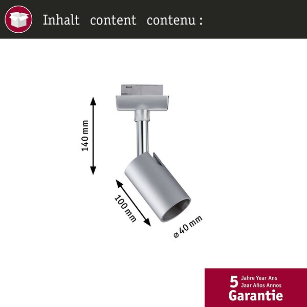 Paulmann URail-Faretto su binario Pure I, cromo opaco, GU10, metallo URail dimmerabile, Cromo / Argento, Soggiorno / Sala da pranzo, Metallo, Moderno