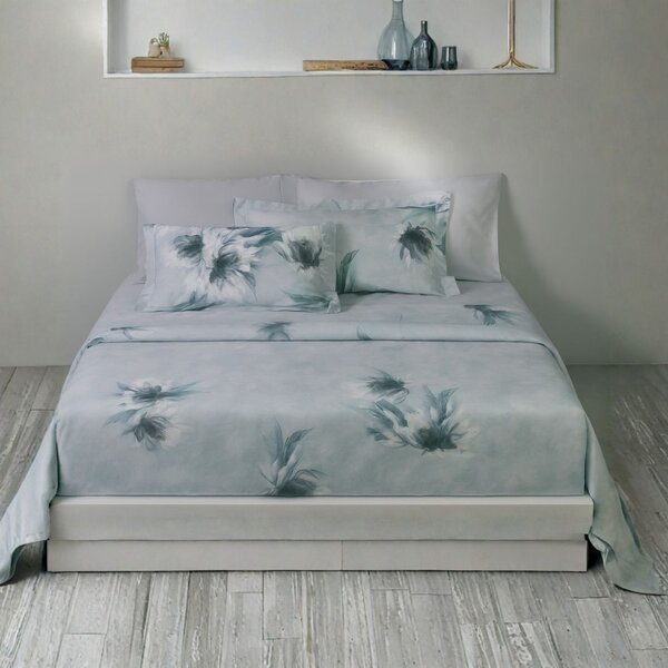 Copripiumino Con Federe In Percalle Lago-d'argento Matrimoniale - 255X255 + 2 Federe50X80 Emporium Floreale Azzurro Caleffi